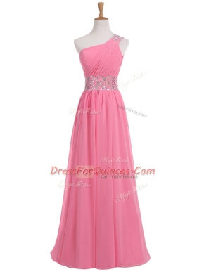 Rose Pink Empire Chiffon One Shoulder Sleeveless Beading and Ruching Floor Length Backless Prom Party Dress