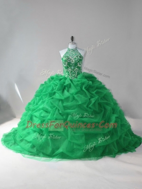 Sleeveless Tulle Court Train Lace Up Ball Gown Prom Dress in Green with Beading and Pick Ups