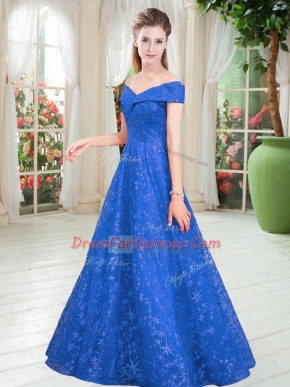 Graceful Blue Lace Lace Up Off The Shoulder Sleeveless Floor Length Prom Party Dress Beading