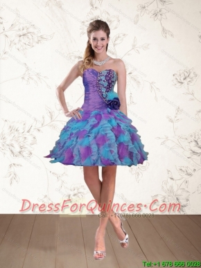 2015 Spring Sweetheart Beaded Multi Color Dama Dresses with Hand Made Flower
