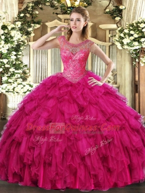 Lovely Fuchsia Ball Gowns Beading and Ruffles 15 Quinceanera Dress Lace Up Organza Sleeveless Floor Length