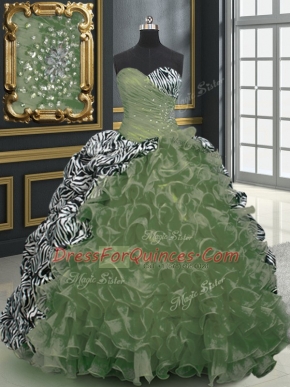 Olive Green Ball Gowns Beading and Ruffles and Pattern 15 Quinceanera Dress Lace Up Organza and Printed Sleeveless With Train