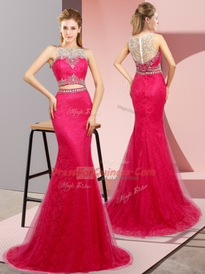 Sweep Train Two Pieces Hot Pink Scoop Tulle and Lace Sleeveless Lace Up