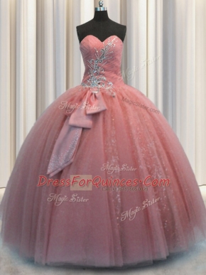 Enchanting Watermelon Red Lace Up Sweetheart Beading and Sequins and Bowknot Sweet 16 Quinceanera Dress Tulle Sleeveless