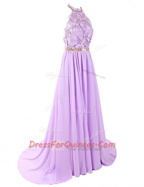 Backless Chiffon Sleeveless With Train Prom Dresses Brush Train and Lace