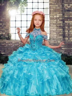 Floor Length Lace Up Kids Pageant Dress Aqua Blue for Party and Military Ball and Wedding Party with Beading and Ruffles