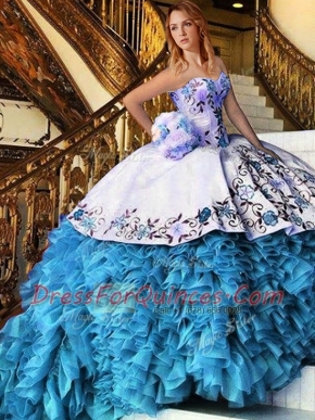 Baby Blue Organza Lace Up Ball Gown Prom Dress Sleeveless Floor Length Appliques and Embroidery and Ruffles