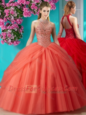 Elegant Halter Top Beaded and Applique Quinceanera Dress in Orange Red