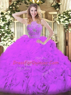 Low Price Eggplant Purple Ball Gowns Tulle Halter Top Sleeveless Beading and Ruffles Floor Length Zipper Quinceanera Gowns