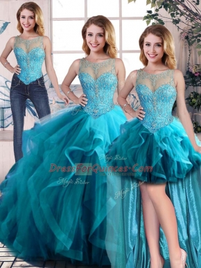 Floor Length Lace Up Vestidos de Quinceanera Aqua Blue for Sweet 16 and Quinceanera with Beading and Ruffles