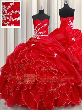 Sleeveless Organza Floor Length Lace Up Vestidos de Quinceanera in Red with Beading and Ruffles and Pick Ups
