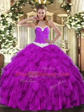 Discount Purple Sleeveless Floor Length Appliques and Ruffles Lace Up Ball Gown Prom Dress