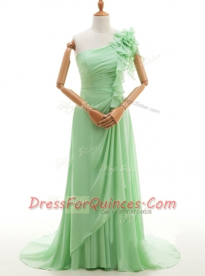 Chiffon One Shoulder Sleeveless Sweep Train Lace Up Ruffles and Hand Made Flower Evening Dress in Green