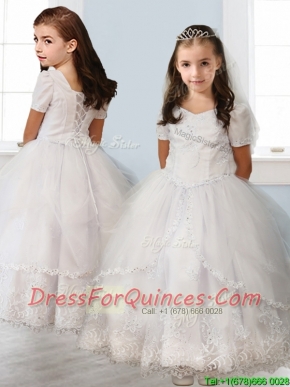 Best Square Short Sleeves White Flower Girl Dress with Beading and Appliques