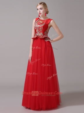 Scoop Red A-line Appliques Prom Evening Gown Zipper Tulle Sleeveless Floor Length