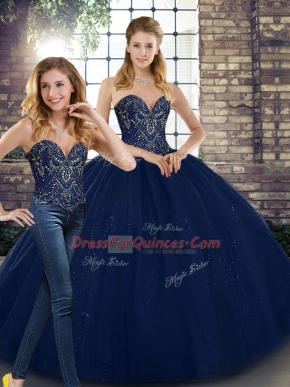 Best Navy Blue Lace Up Sweetheart Beading Sweet 16 Quinceanera Dress Tulle Sleeveless