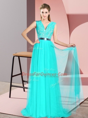 Sleeveless Beading and Lace Zipper Homecoming Dress with Turquoise Sweep Train