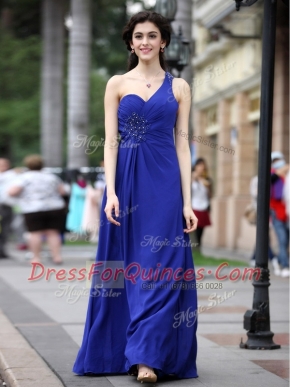 Lovely One Shoulder Sleeveless Side Zipper Floor Length Beading and Ruching Homecoming Dress