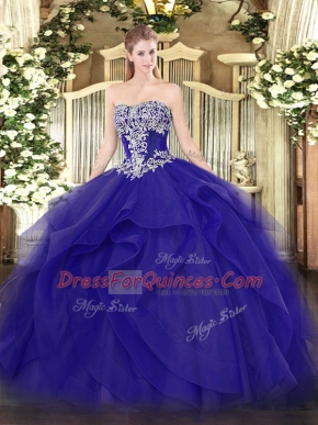 Unique Strapless Sleeveless Lace Up Vestidos de Quinceanera Blue Tulle
