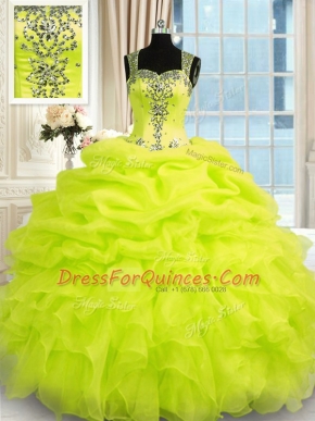 Extravagant Straps Sleeveless Zipper Sweet 16 Dresses Yellow Green Organza