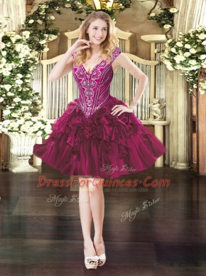 Extravagant Fuchsia Ball Gowns Organza V-neck Sleeveless Beading and Ruffles Mini Length Lace Up