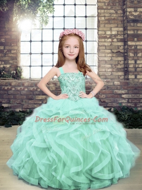 Latest Apple Green Lace Up Straps Beading and Ruffles Kids Pageant Dress Tulle Sleeveless