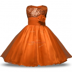 Sumptuous Knee Length Zipper Flower Girl Dresses Rust Red for Military Ball and Sweet 16 and Quinceanera with Belt and Hand Made Flower