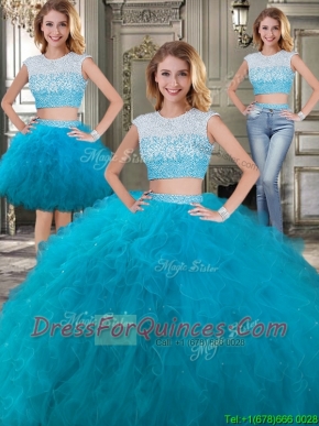 Two Piece Scoop Cap Sleeves Detachable Sweet 16 Dresses with Beading and Ruffles