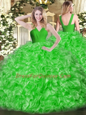 Sleeveless Organza Floor Length Zipper 15 Quinceanera Dress in Green with Ruffles
