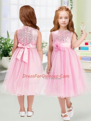 Organza Scoop Sleeveless Zipper Sequins and Hand Made Flower Flower Girl Dresses in Rose Pink