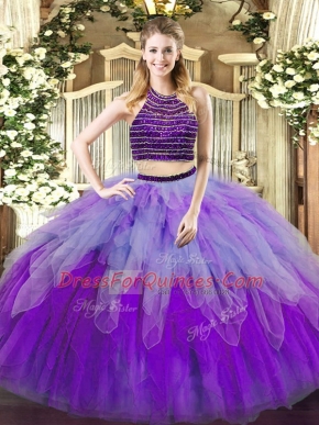 Sleeveless Tulle Floor Length Lace Up Sweet 16 Dresses in Multi-color with Beading and Ruffles