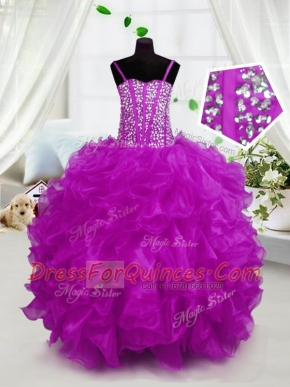 Sleeveless Floor Length Beading and Ruffles Lace Up Little Girls Pageant Gowns with Hot Pink