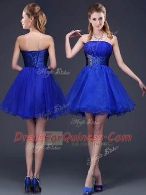 Latest Strapless Sleeveless Organza Dama Dress Beading and Ruching Lace Up