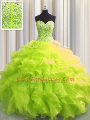 Visible Boning Sweetheart Sleeveless Quinceanera Dress Floor Length Beading and Ruffles Yellow Green Organza