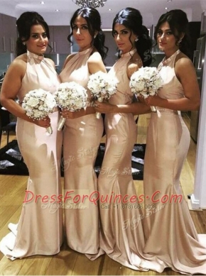 Mermaid Halter Top Sleeveless Ruching Backless Dress for Prom with Champagne Brush Train