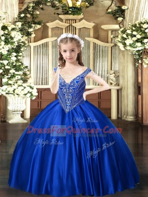 Simple Floor Length Royal Blue Child Pageant Dress Satin Sleeveless Beading