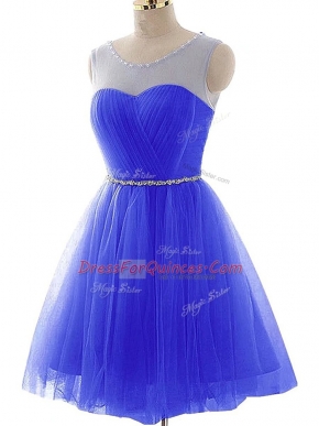 Low Price Mini Length Lace Up Prom Dresses Blue for Prom and Party and Sweet 16 with Beading and Ruching