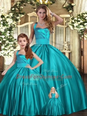 Teal Satin Lace Up Halter Top Sleeveless Floor Length Quince Ball Gowns Ruching