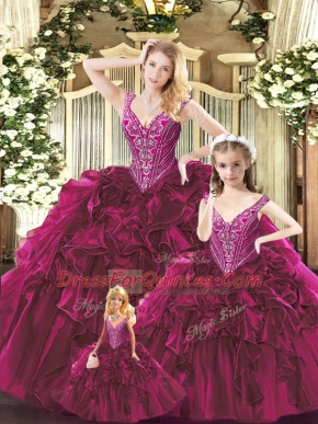 Fuchsia Organza Lace Up Sweet 16 Dresses Sleeveless Floor Length Beading and Ruffles