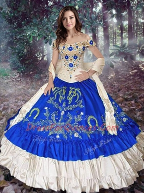 Wonderful Royal Blue Off The Shoulder Neckline Embroidery and Ruffled Layers Quince Ball Gowns Sleeveless Lace Up