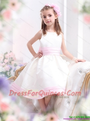 Adorable White Scoop Little Girl Pageant Dress with Light Pink Bownot