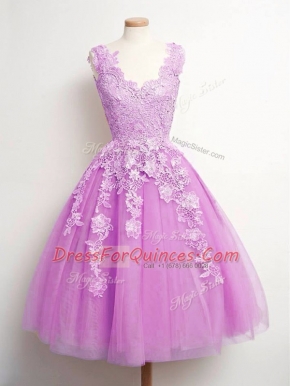 Lilac Lace Up Court Dresses for Sweet 16 Lace Sleeveless Knee Length