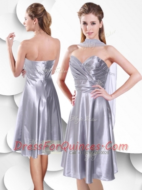 Sexy Empire Elastic Woven Satin Silver Prom Dress with Beading and Ruching