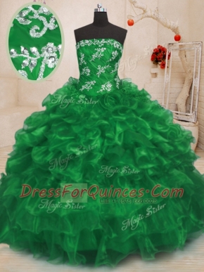 Colorful Green Lace Up Quinceanera Dresses Beading and Appliques and Ruffles Sleeveless Floor Length