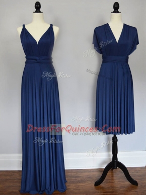 Traditional Sleeveless Floor Length Ruching Lace Up Dama Dress with Navy Blue