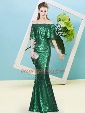 Glorious Half Sleeves Sequined Floor Length Zipper in Dark Green with Sequins