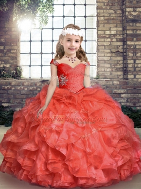 Coral Red Organza Lace Up Child Pageant Dress Sleeveless Floor Length Beading and Ruching