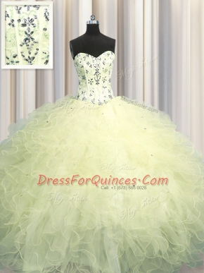 Hot Selling Visible Boning Sleeveless Floor Length Beading and Appliques and Ruffles Lace Up Quince Ball Gowns with Light Yellow