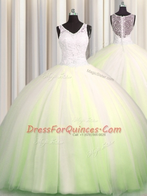 Smart Zipple Up Big Puffy Yellow Green Quinceanera Dresses Tulle Brush Train Sleeveless Beading and Appliques