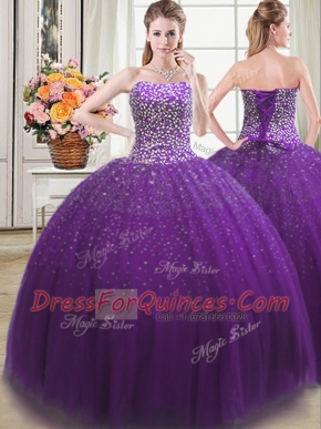 Beading Sweet 16 Quinceanera Dress Purple Lace Up Sleeveless Floor Length